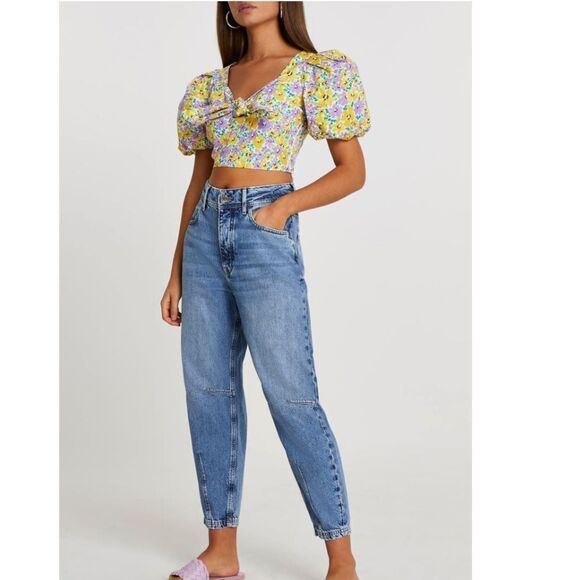 River Island Floral Print Puff Sleeve Crop Top, Yellow/Purple, Small/Size 4, NWT - Picture 4 of 15